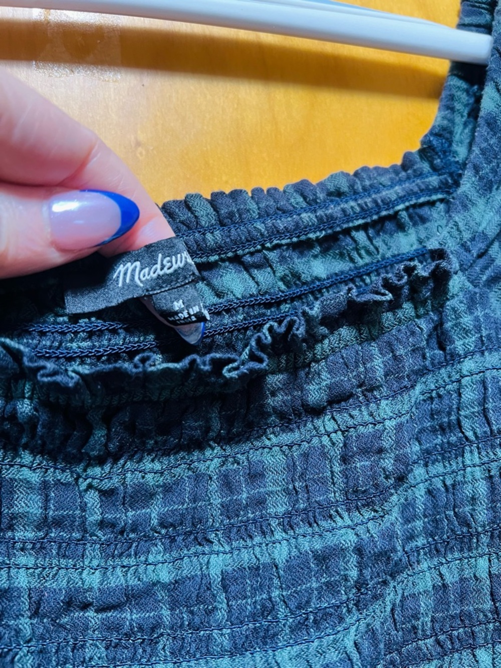 Madewell Dark Green and Black Smocked Plaid Peasant Top - Picture 4 of 8
